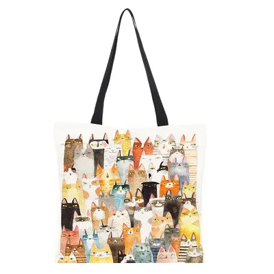 41 Styles Customize Oil Painting Cat Womens Designer Shoulder Bag Linen Reusable Shopping Bags For Women Casual Tote Bags Ladies