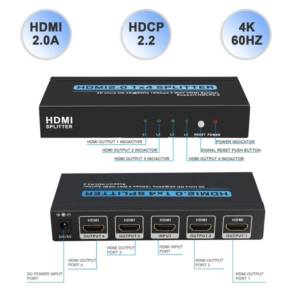 HDMI 1x4 сплиттер 3D Ultra HD 4Kx2K@ 60 Гц 18 Гбит/с HDCP2.2 1 в 4 из 4 Выход HDMI разветвитель для HDTV и монитора высокой четкости