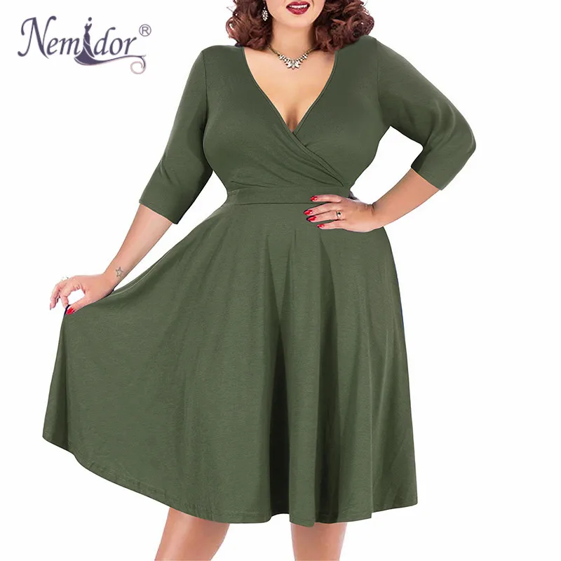 Kopen Nemidor Vrouwen Sexy V hals Korte Mouw 50s Party A lijn Jurk Vintage Stretchy Midi Plus Size 7XL 8XL 9XL Cocktail swing Jurk