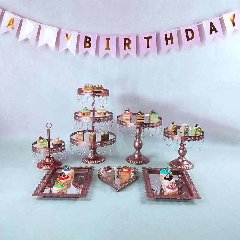 7 pcs mirror pink cake stand set metal round crystal cupcake rack for wedding exhibion dessert table tray party centerpiece