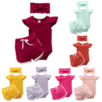 

Baby Summer Clothing 3PCS Newborn Toddler Baby Girl Clothes T-shirt Top Pants Shorts Headband Ribbed Solid Outfit 0-24M