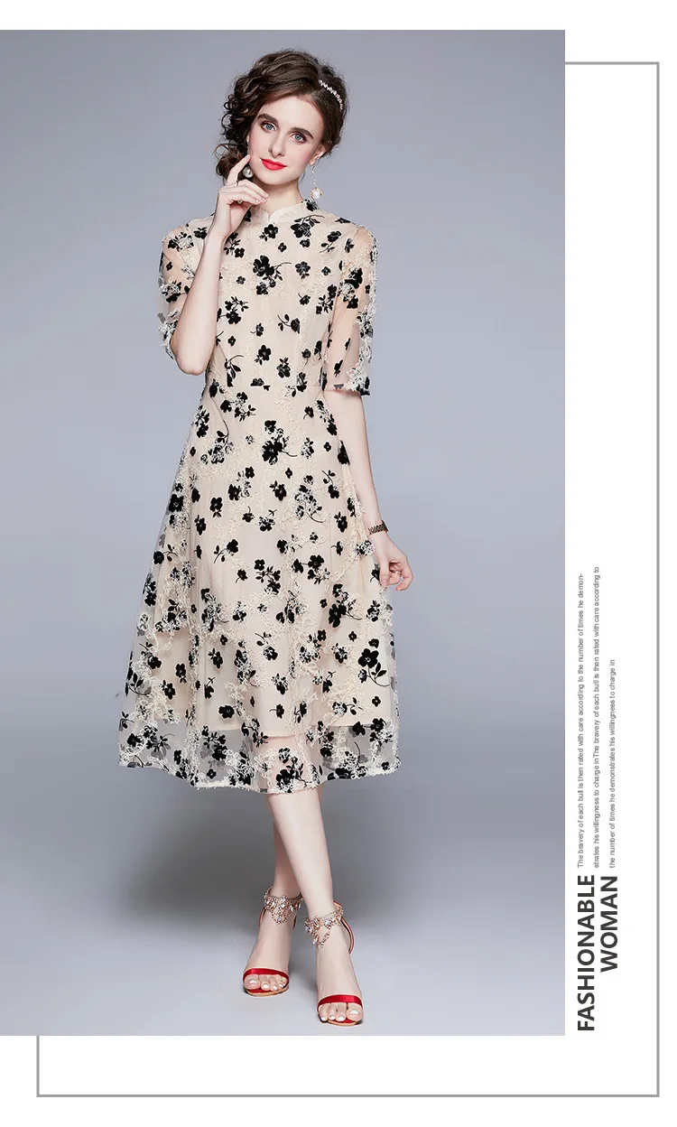 

Женское Сетчатое платье с вышивкой, элегантное платье в стиле ретро с круглым вырезом и коротким рукавом