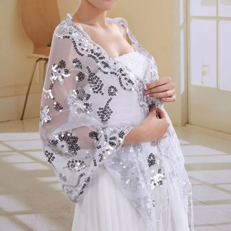Новое свадебное платье для невесты, женские шали Cheongsam, белые кружевные вышитые шали с блестками, длинные шали