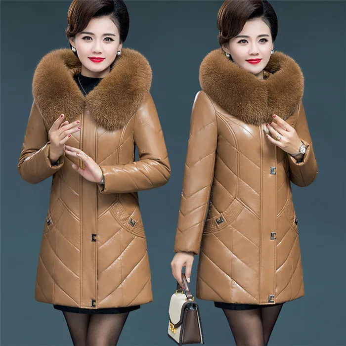 Women Leather Coat Winter New Fashion Warm Fur Collar Hooded Faux Sheepskin Jacket Tops Outerwear Female Plus Size L-7XL - Цвет: Хаки