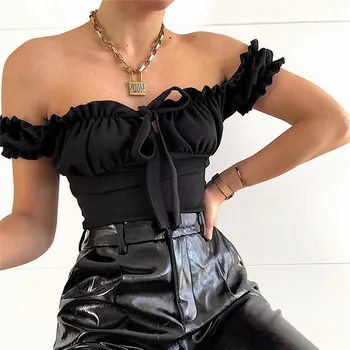 

Sexy Off Shoulder Short Sleeve Bodysuit Women Body Tops Ladies Summer Women's Jumpsuit Bow Solid Stretch Leotard Top 3FS