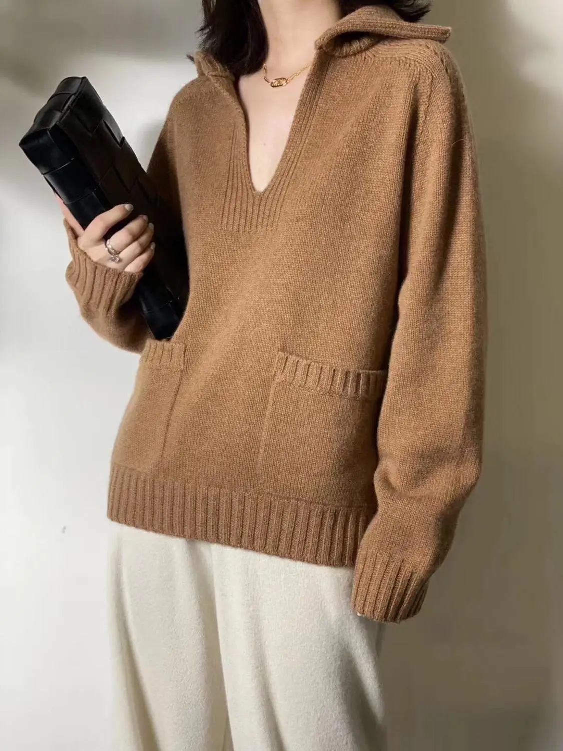 Women Knit Sweater V-neck Casual Two Colors Long