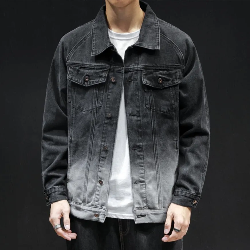 Осенняя мужская модная джинсовая куртка повседневная градиентная хлопковая свободная версия черная джинсовая куртка мужская брендовая одежда