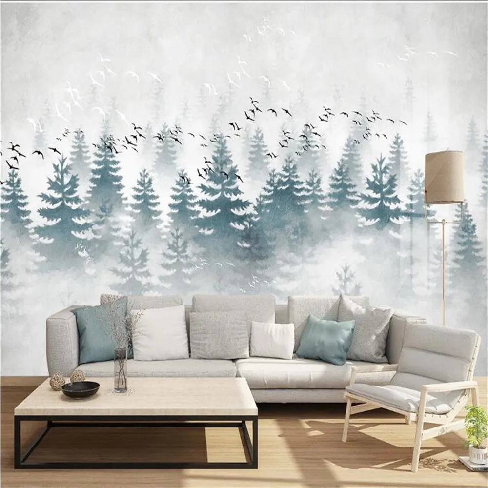 

Milofi customized 3D wallpaper mural artistic conception pine forest cloud mist bird TV sofa home decoration background