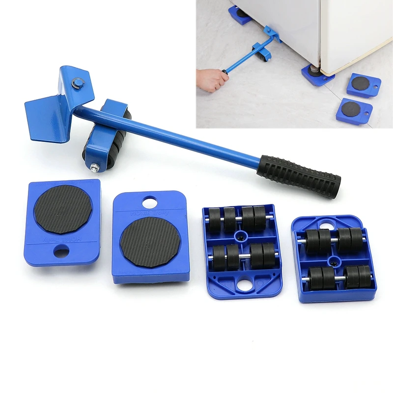 Heavy Furniture Moving Tool 1pc Crowbar with 4pcs Panel Furniture Mover Lifter Wheels System Home Trolley Lift Transport Set