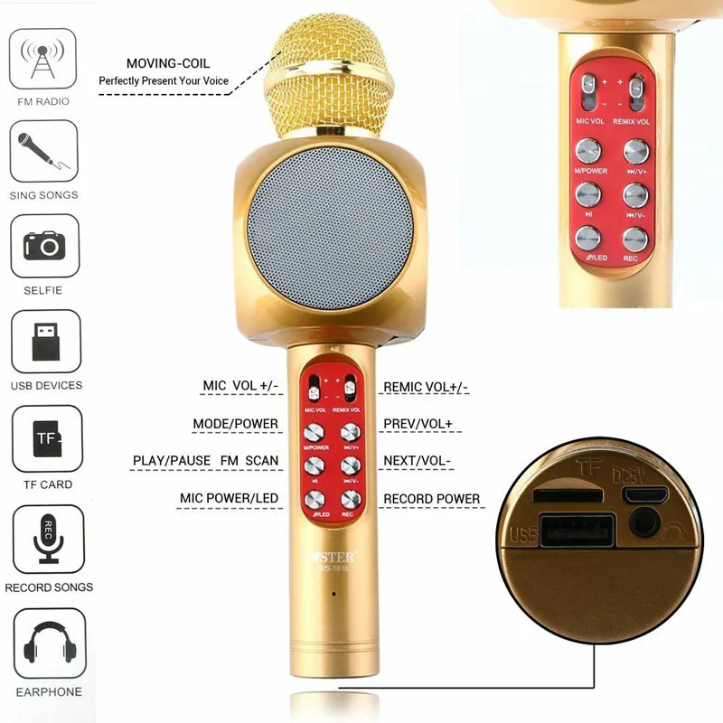 WS1816 беспроводной Bluetooth домашний KTV караоке микрофон динамик USB разъем светодиодный свет