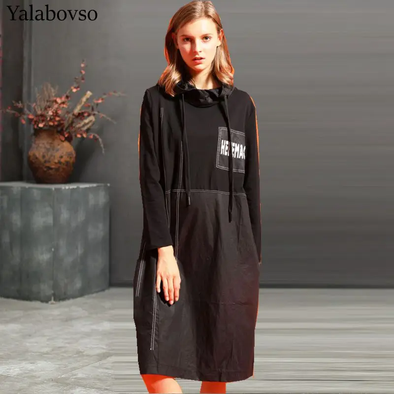 

2019 New 100KG Women's Guard Dress Dress with hat Loose Plus size black dresses for women Long sleeve bottoming dress A0AZ40