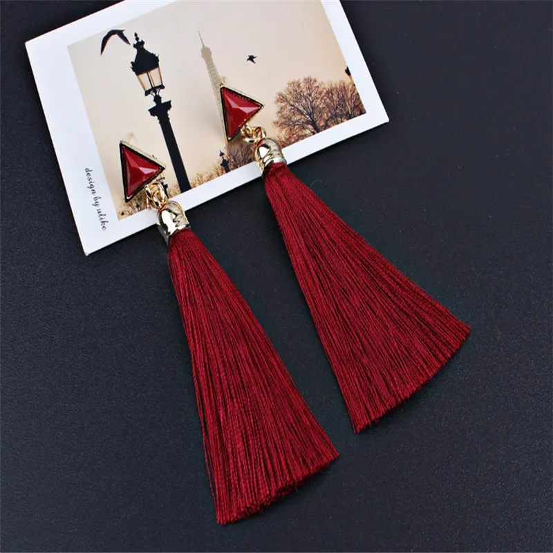 

Bohemian Fringed Crystal Long Earrings Women's Red Cotton Silk Fabric Fringed Earrings 2019 Fashion Women's Jewelry