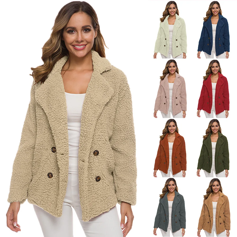 Осенне-зимнее женское пальто из искусственного меха,, больше размера, повседневное приталенное двубортное плюшевое пальто, меховая куртка для женщин размера плюс, теплая верхняя одежда