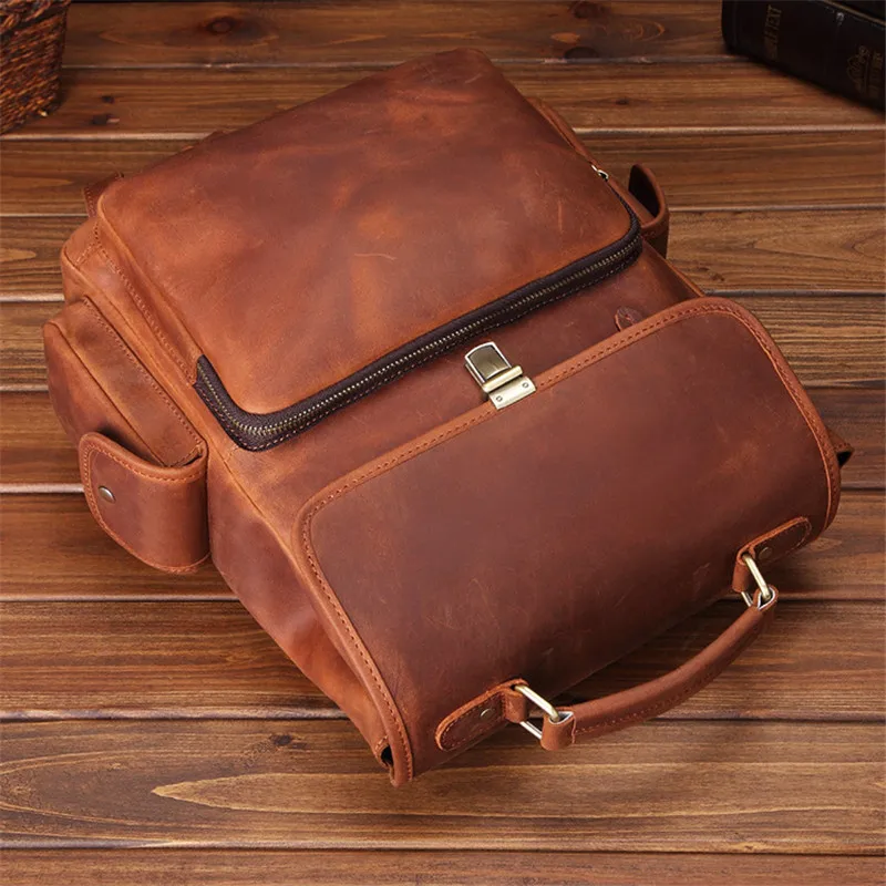 PNDME simple retro crazy horse cowhide men's backpacks high quality genuine leather anti theft bagpack travel laptop bookbags