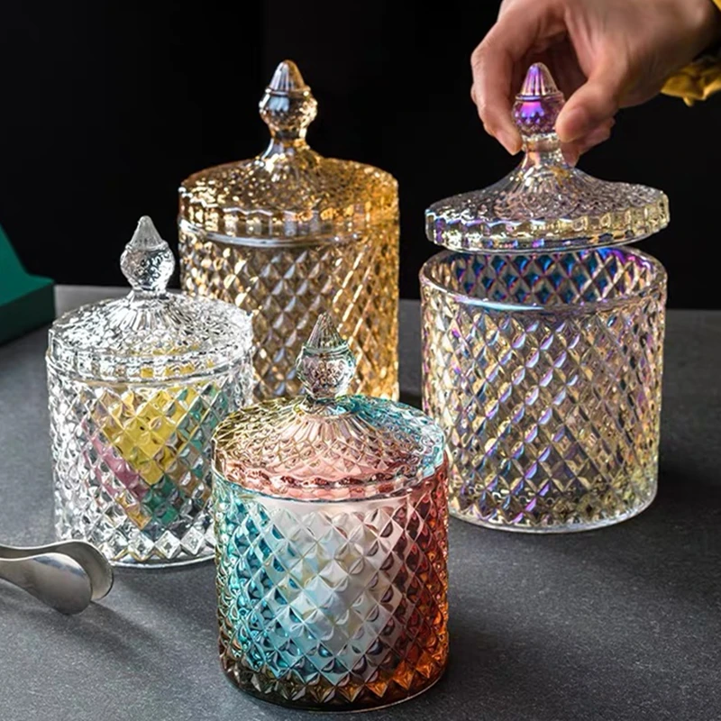 

Color Crystal Glass Storage Jar Lids 600ML Candy Jar Glass Transparent Container Cookie Cotton Swab Box Cotton Household Storage