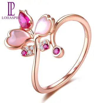 

LP K-Gold Jewelry Butterfly Ring For Best Friend Ring 18K Rose Gold Ruby Diamond Pink Shell Rings Fashion Style For Women Gift