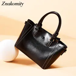 Znakomity Роскошная восковая натуральная женская кожаная сумка модная сумка женская черная однотонная женская сумка через плечо 2019