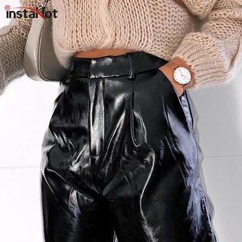 

Sexy New Solid Smooth Loose High Waist Pants Black Faux Leather Casual Streetwear Trousers Ladies Autumn Slim Pencil Pants