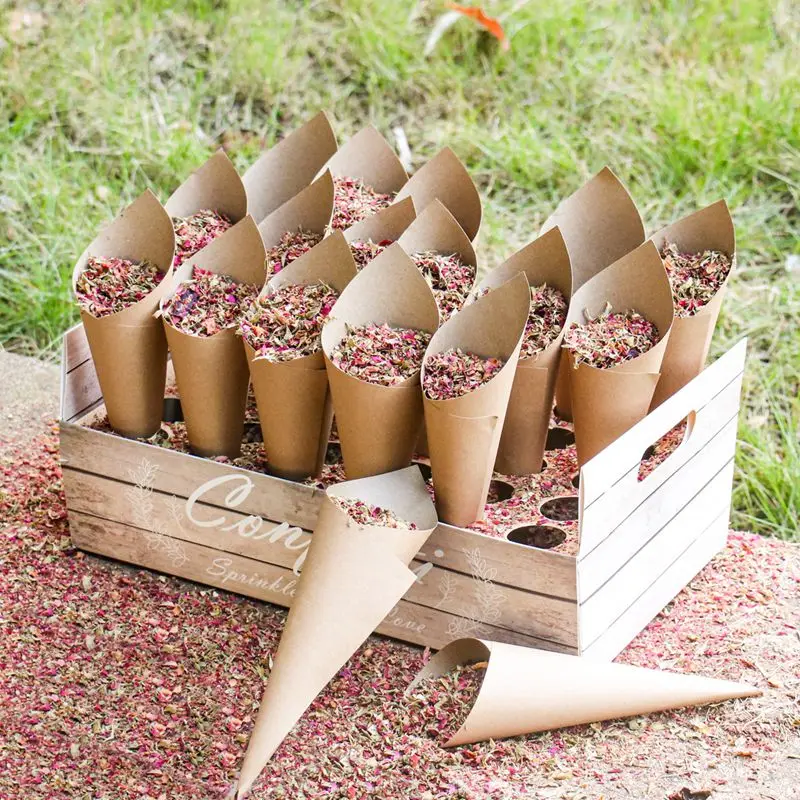 Wood Grain Confetti Cone Holder Rose Dried Flower Petal Wedding Decor 