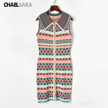

Summer Sleeveless Knitted Dress Women Casual Turn Down Collar Color Stripe Bodycon Dress Female Front Zipper Sweater Dresses