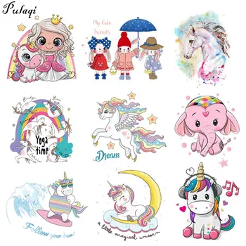 

Pulaqi Cartoon Unicorn Applique Iron On Transfers Vynil Heat Transfer Magic Rainbow Thermal Stickers On Clothes For Kids T-shirt
