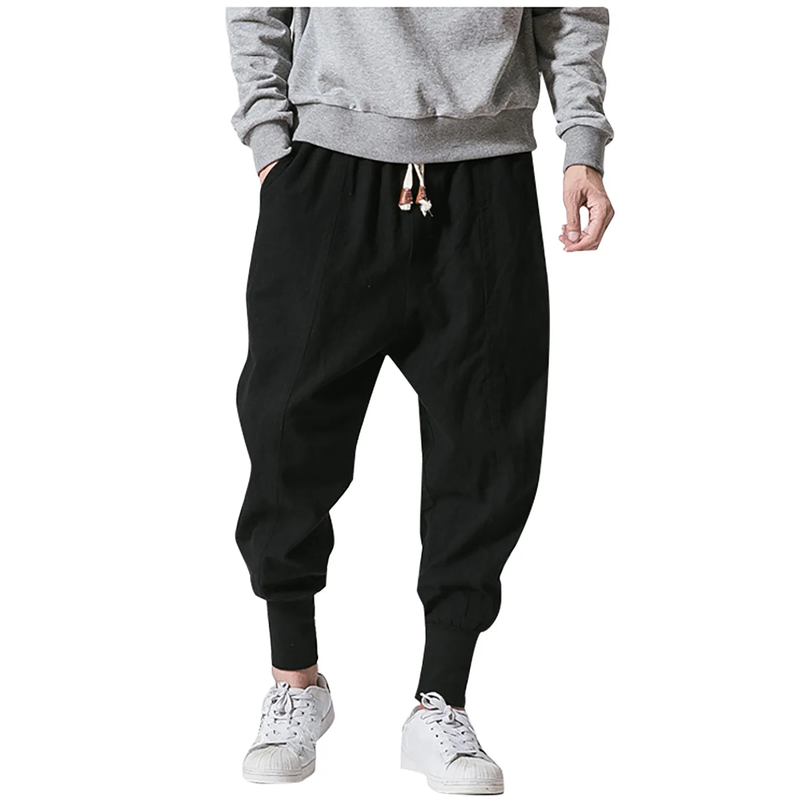 2021 Cotton-linen Pants Men Solid Elastic Waist Joggers Drop-crotch Casual Trousers High Quality Comfy Daily Pants Брюки Мужские 2