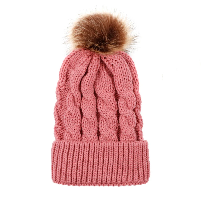 Модные зимние вязаные шапки для женщин бини толстые теплые Повседневные шапки с помпоном женские шапки бини осенние женские шерстяные шапки для дам - Цвет: Pink