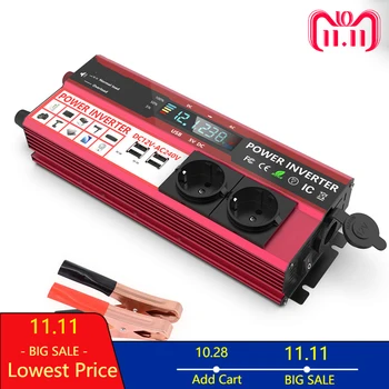 

Car Power Inverter DC12/24V To AC110/220V Sine Wave Converter Digital Display 4 USB Interfaces 2000W Peak Power Solar Home Use