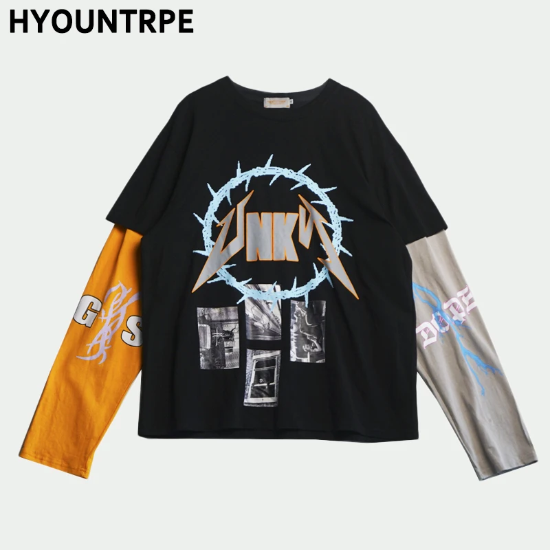 Высокие уличные футболки с принтом Harajuku мужские модные Соединенные с длинными рукавами с круглым вырезом и длинными рукавами в стиле хип-хоп унисекс новая скейтерская футболка
