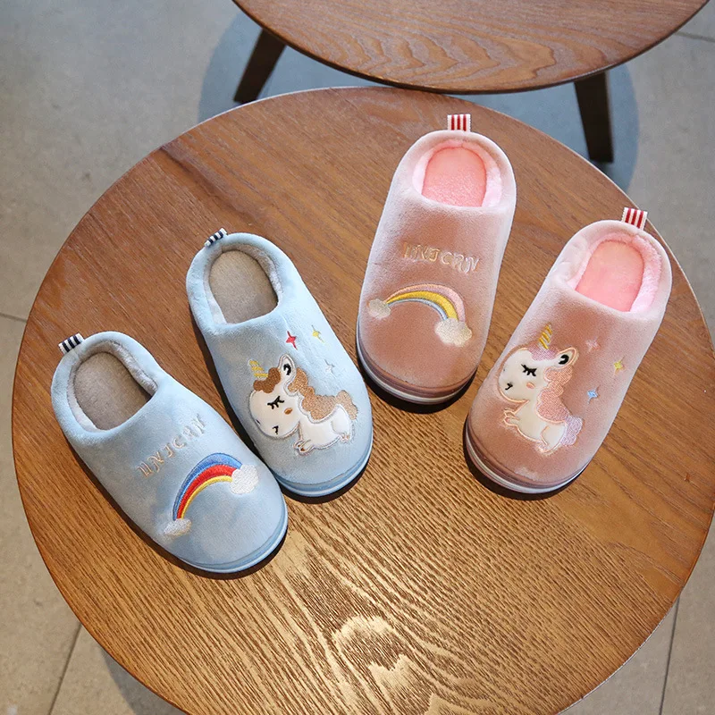 Suihyung/детские тапочки с единоединорогом; зимние теплые Нескользящие домашние тапочки; домашняя обувь для мальчиков и девочек; детские плюшевые Тапочки