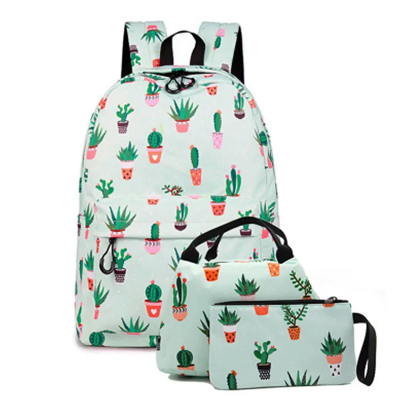 

2020 women printed cactus canvas backpack casual travel bags set school bags set 3pcs/set drop shipping M725