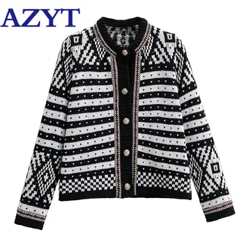 

AZYT Autumn 2020 New Print Female Cardigan Jacket Vintage Loose O Neck Cropped Knitted Sweater Coat Stripe Cardigan Tops Female