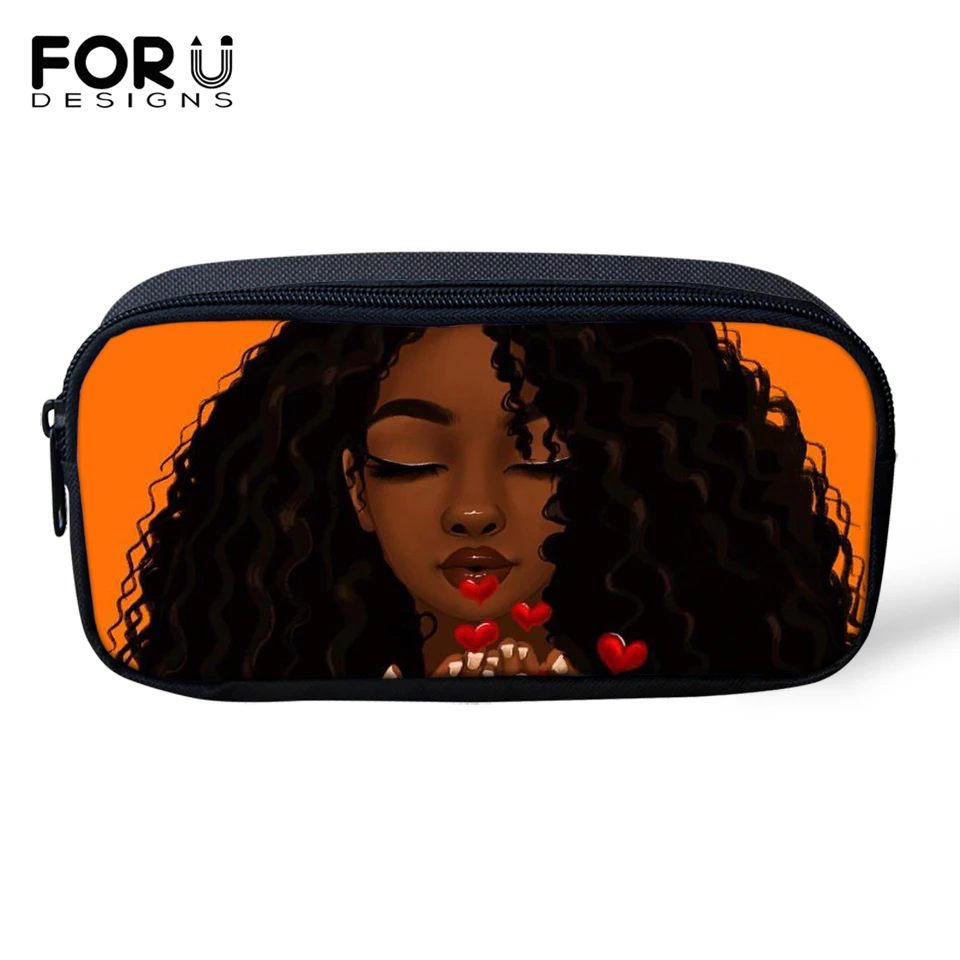 

FORUDESIGNS Fashion Kids Pencil Bags Black African Girls Pattern Girls Travel Cosmetic Bags Afro Arts Design Students Pen Bags