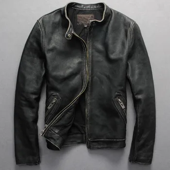 

men's Vintage genuine leather Mandarin collar zipper motorcycle men black cowskin biker jacket male plu size
