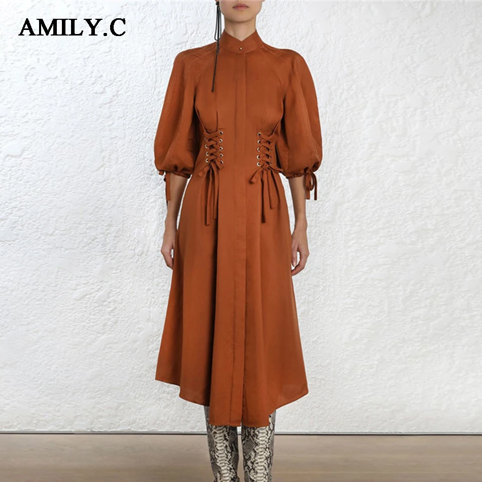 

Amily.c Autumn New Women's Pure Orange Lantern Sleeve Dress Vestidos Half Sleeve Runway Designer Slim Fashion Women's Dress