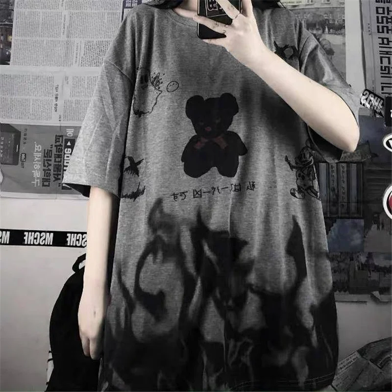 Japan Grey T-shirt Loss Summer Oversize T-shirt Women Harajuku Punk Short Mouwen T-shirts Tops Tee Hip Hop T-shirt for Girl 1