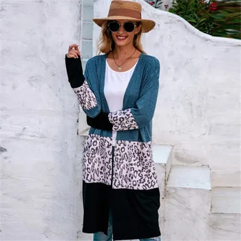

Long Sleeves Loose Jackets New Women Leopard Print Stitching Long Coats Top Female Open Front Cardigan Casual Outwear Femme Fall