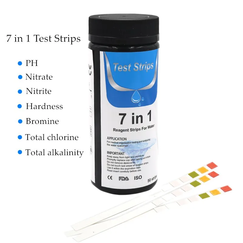 

50 Strips 7 in 1 Test Strips Swimming Pool Spa Reagent Strips for Water pH Chlorine Alkalinity Bromine Hardness Tools 40%off