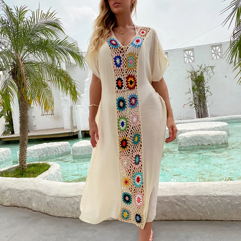 

Women Beach Dress Cover-Ups Swimsuit Cover Up Ups 2021 Beachwear Beige Dresses Suit Swim Cape For Woman Summer Tunic Saida Praia