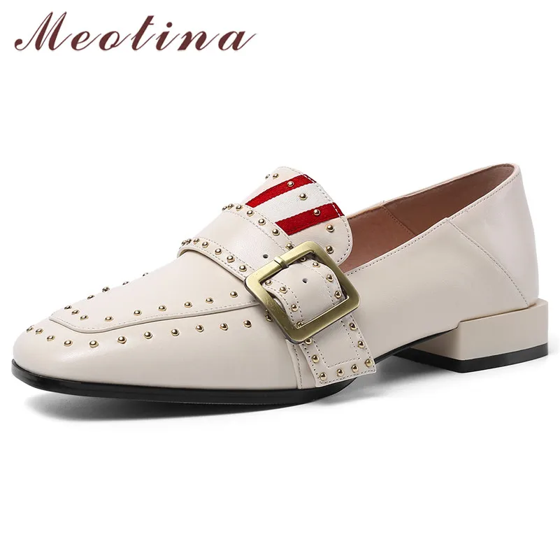 

Meotina Cow Leather Flats Shoes Women Natural Genuine Leather Rivets Flat Loafers Shoes Buckle Square Toe Shoes Lady Size 34-40