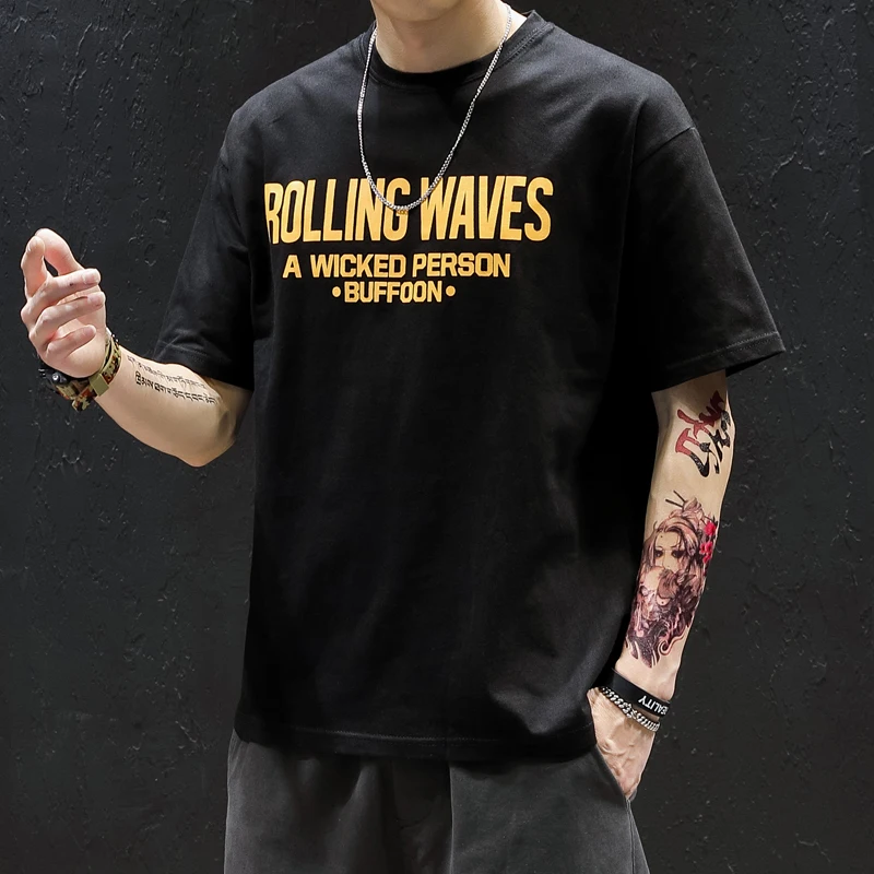 

men Harajuku Black T Shirt Japanese Style Waves Printed Tshirt Korean Style Streetwear Tops hip hop