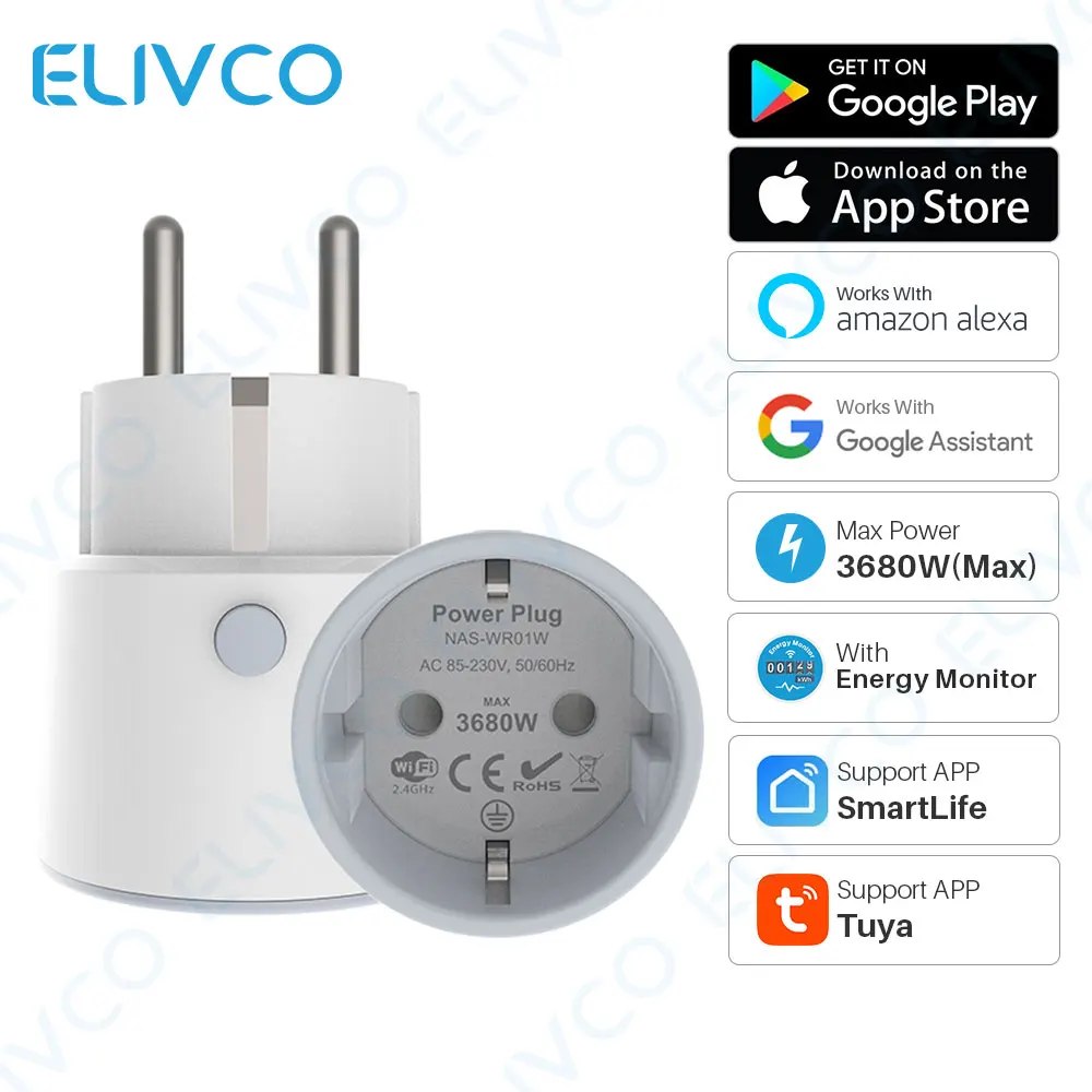 16A Tuya Smart Plug WiFi 3680W EU Intelligent Socket Timing Outlet  SmartLife APP Control Compatible with Alexa Google Home