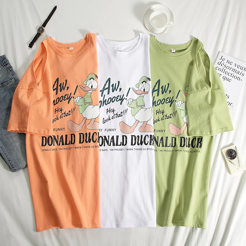 

2020 New Brand Designer Off Shoulder White Tshirts Cotton Women Short Sleeve Print Cartoon Duck Tops Couple T Shirt Oversize