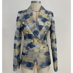 Designer elegante blazer feminino leão botões duplo breasted bloco jacquard blazer jaqueta exterior