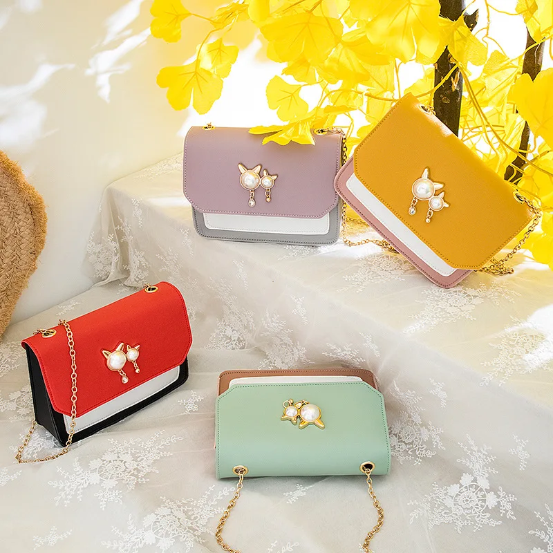 

2019 Summer Crossbody Bag Versitile Fashion Korean-style Western Style Chain WOMEN'S Bag Matching Color Pearl Cat Head Square Sl