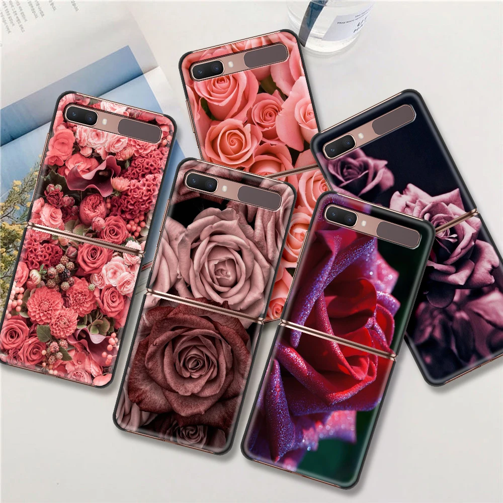 Rose Pink Flowers Bling Black Hard Case For Samsung Z Flip Z Flip3 Phone Case For Galaxy Z Flip 5G Foldable Coque Bcak Cover galaxy z flip3 case