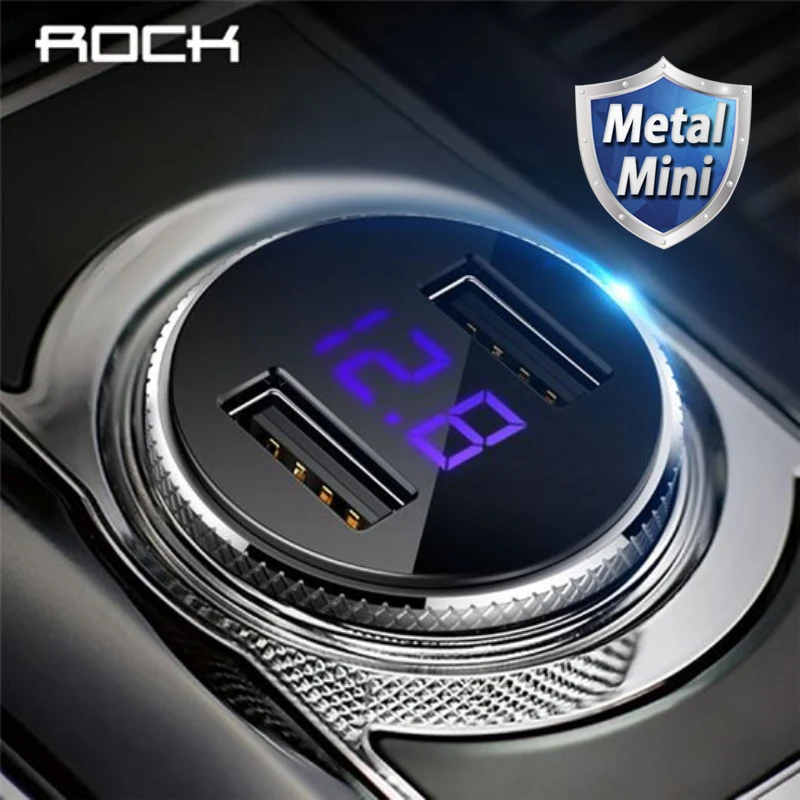 ROCK 5V 3.4A металлическое автомобильное зарядное устройство с двумя USB цифровым дисплеем для iPhone X 8 XS MAX 7 Xiaomi samsung Быстрая зарядка контроль напряжения