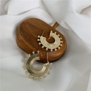 

SRCOI Simple Metal Material Sun Disc Earrings New Fashion Exotic Bead Carving Golden Punk Earrings Personality Party Jewelry
