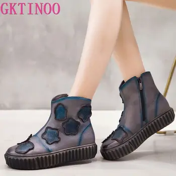 

GKTINOO Fashion Autum Flat Boots Genuine Leather Ankle Shoes Vintage Casual Shoes Brand Design Retro Handmade Women Boot