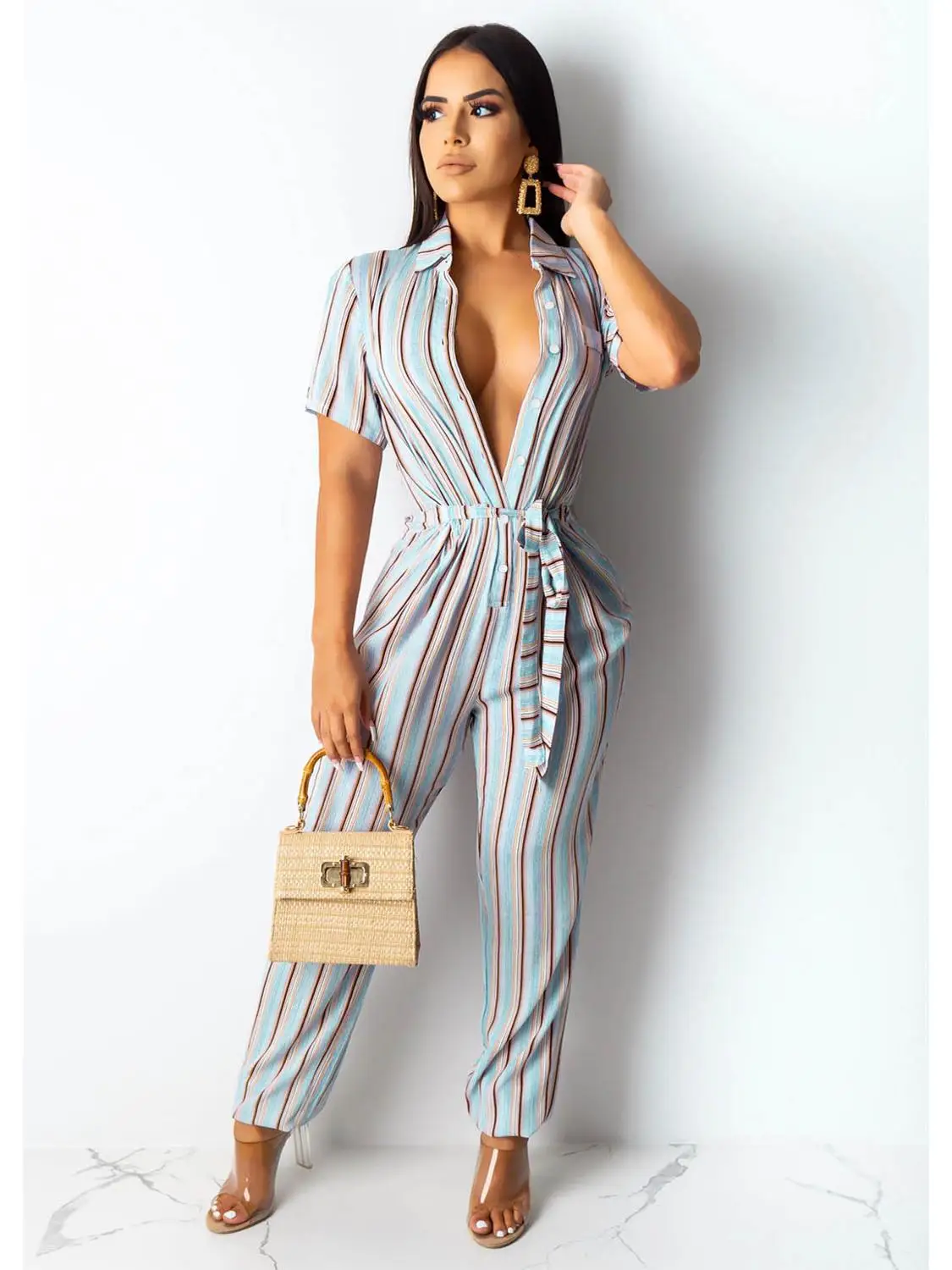 blue jumpsuit Винтажный полосатый комбинезон с пуговицами, Женские повседневные Комбинезоны с коротким рукавом и отложным воротником, сексуальные деловые брюки-карандаш, Комбинезоны для женщин - Цвет: blue jumpsuit